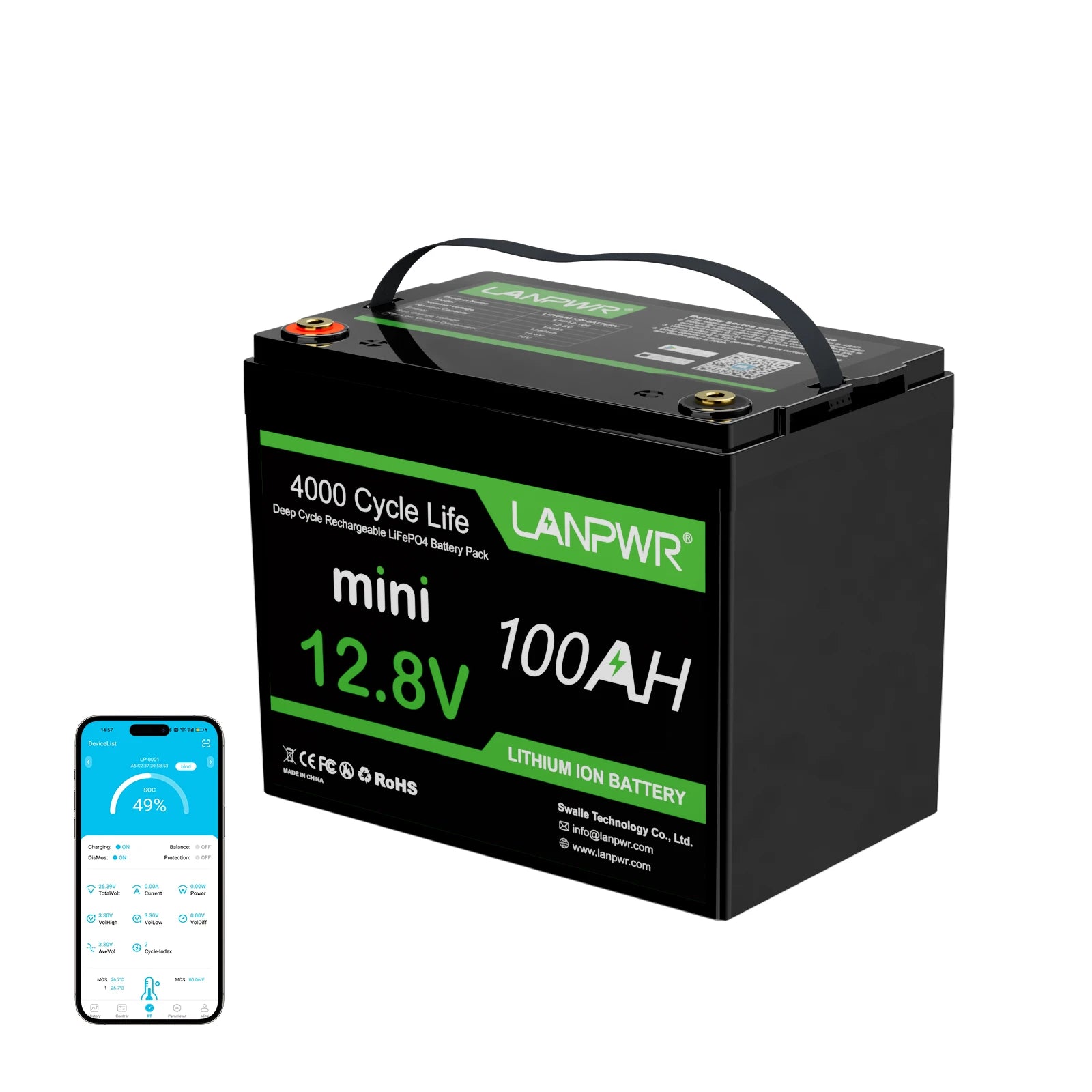 LANPWR 12V 100Ah Mini Bluetooth Lithium Battery for RV, Solar, Marine, and Backup
