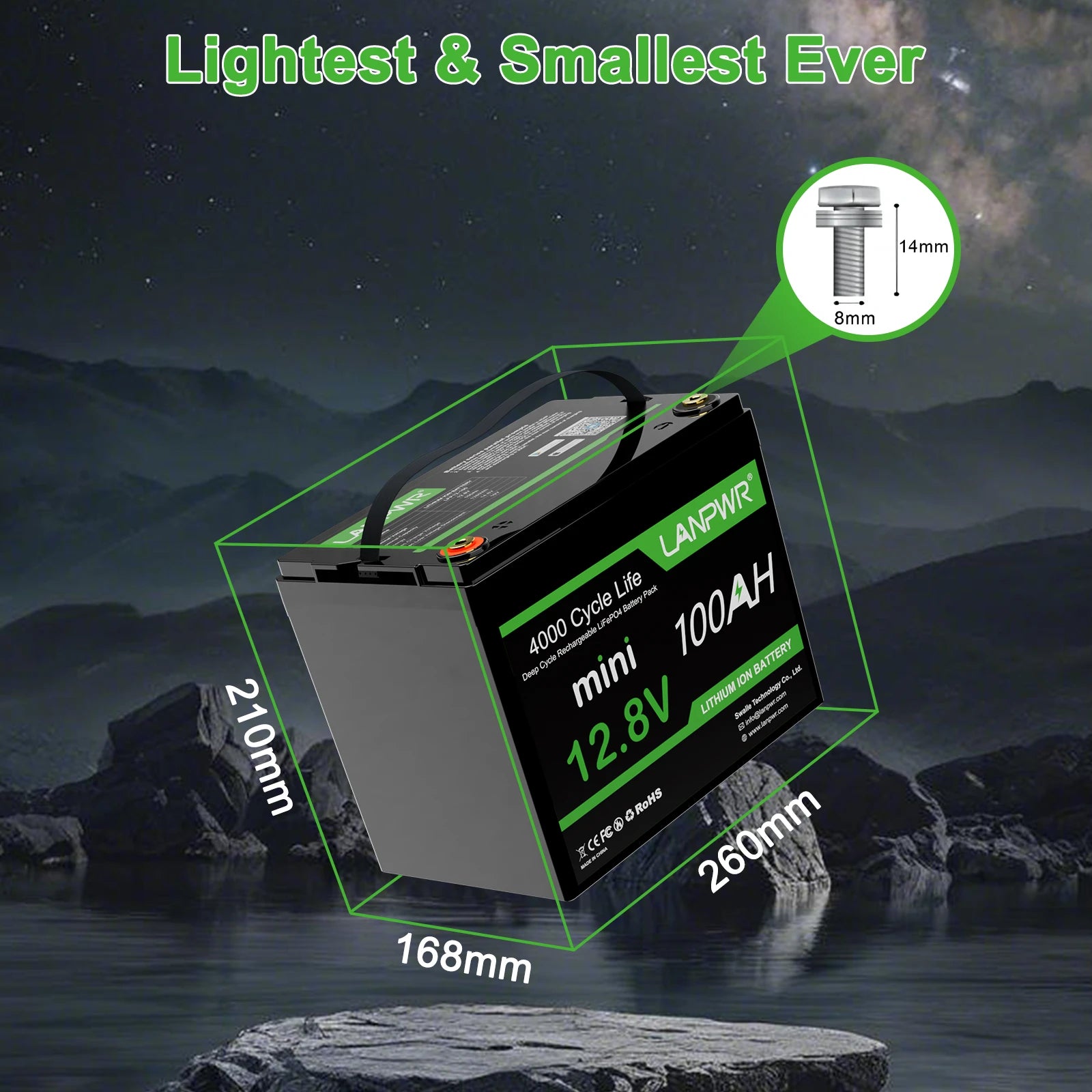 LANPWR 12V 100Ah Mini Bluetooth Lithium Battery for RV, Solar, Marine, and Backup