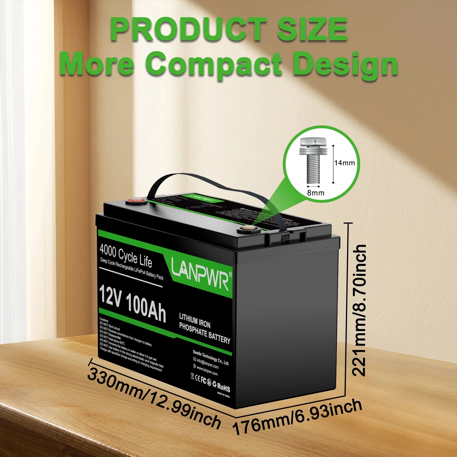 LANPWR 12V 100Ah LiFePO4 Lithium RV, Marine Battery with Low-Temp Protection