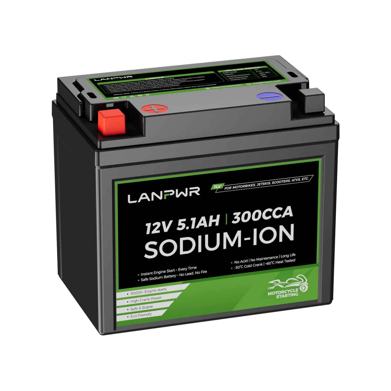 LANPWR 12V Motorcycle Battery, Sodium-Ion Battery, 300CCA, for Motorcycles, ATV, Lawn Mowers, Scooter, UTV