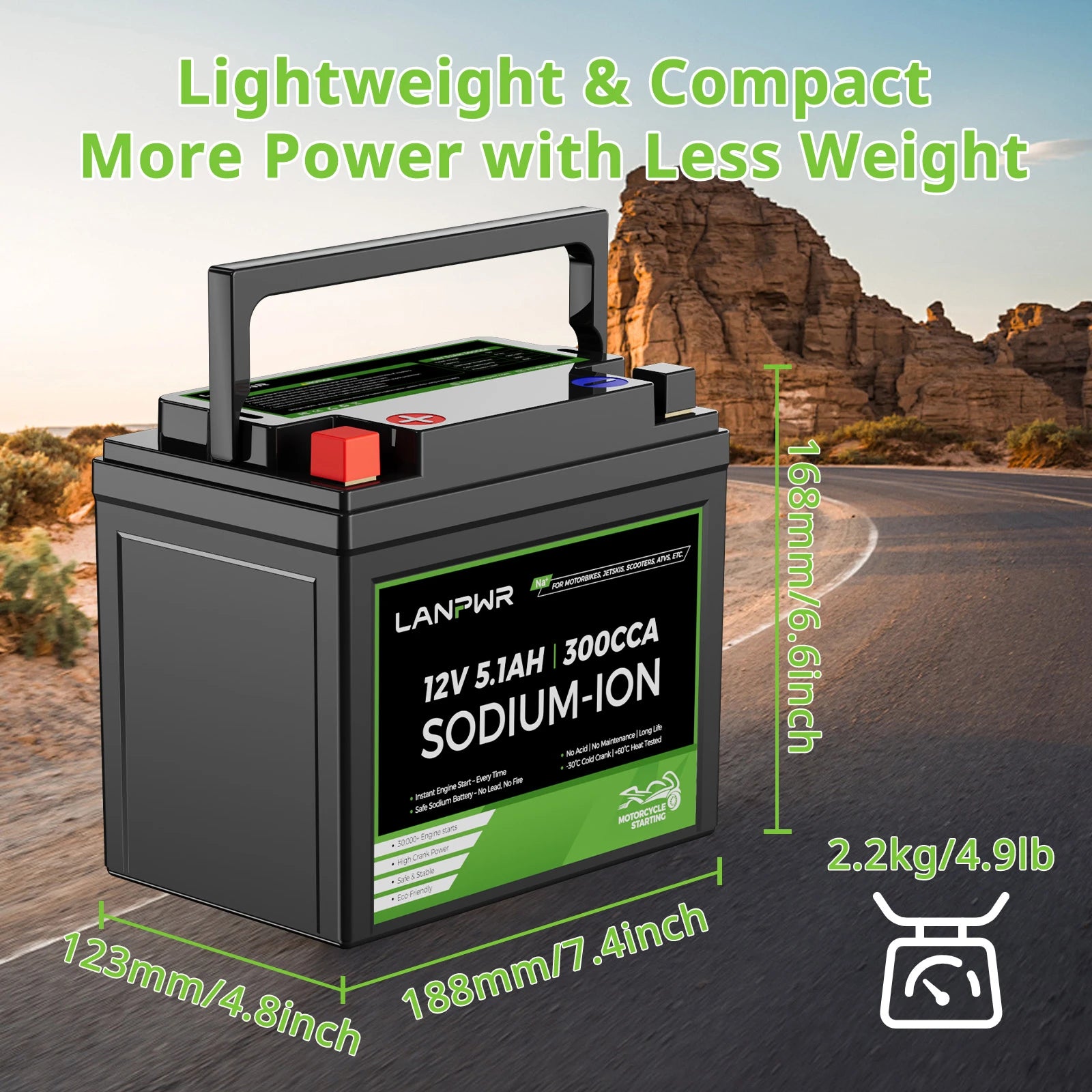 LANPWR 300CCA 12V 5.1Ah Sodium-ion Motorcycle Battery for Scooter, ATV, UTV, Jet Ski