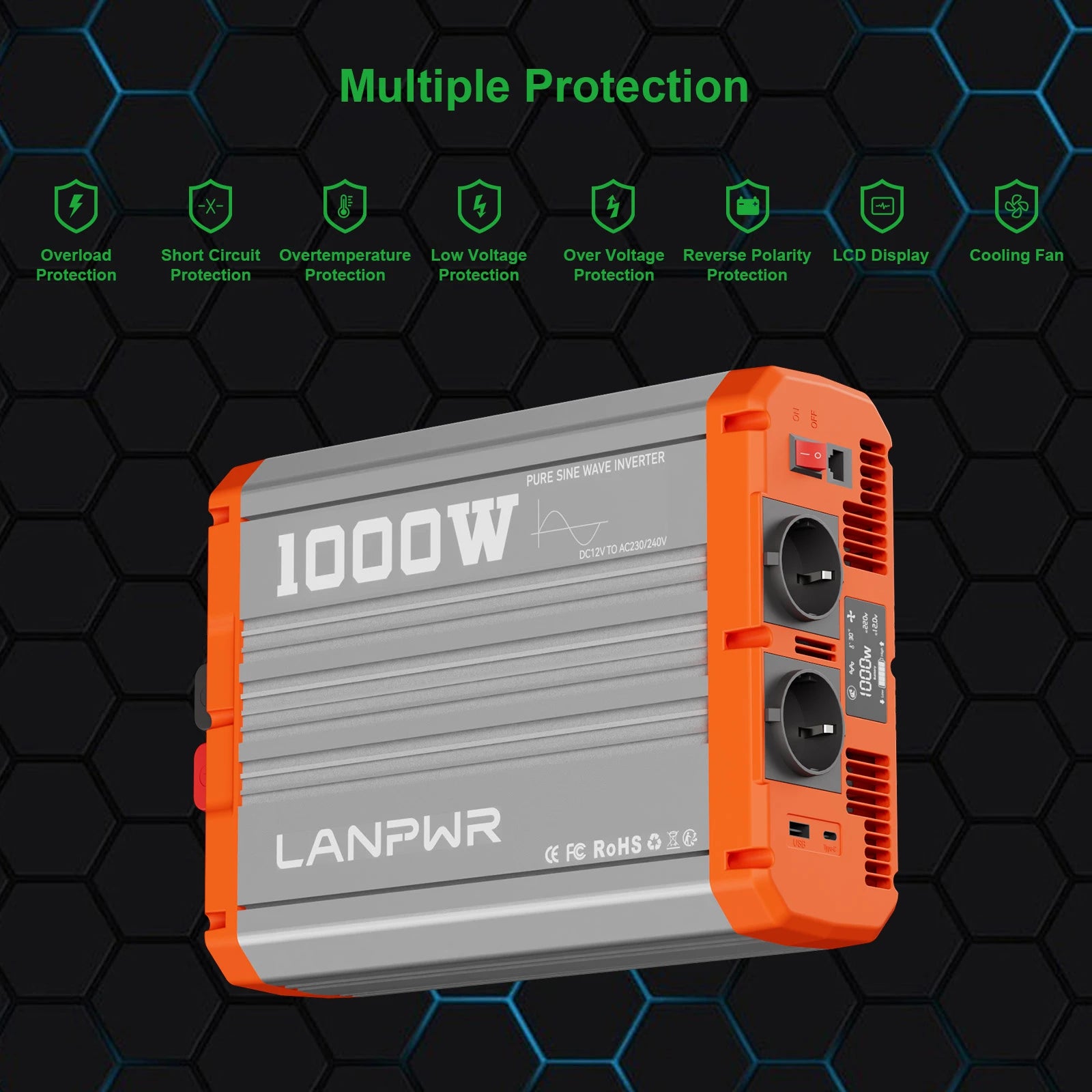 LANPWR power inverter with multiple protection features on a dark geometric background