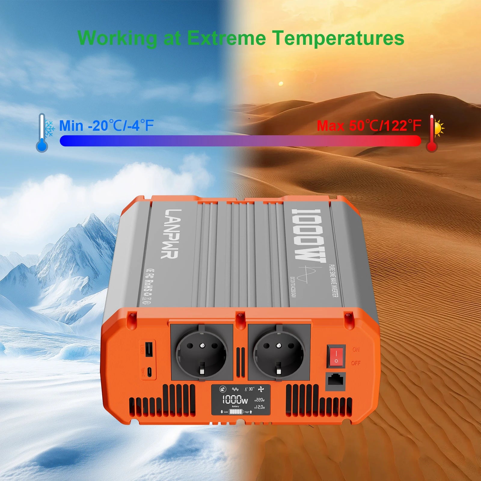 Power inverter with temperature range display against a mountain and desert background