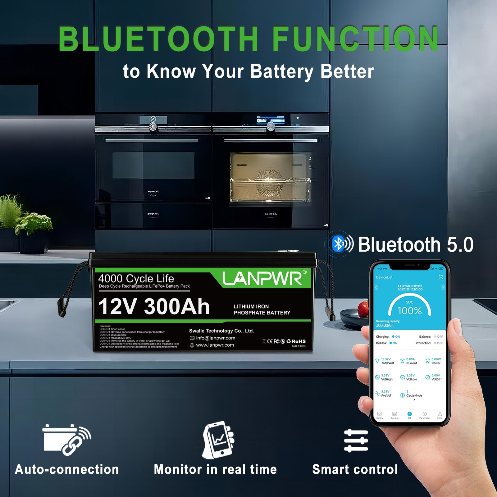 LANPWR 12V 300Ah Bluetooth Lithium Battery for Solar, RV, Off-Grid & Marine