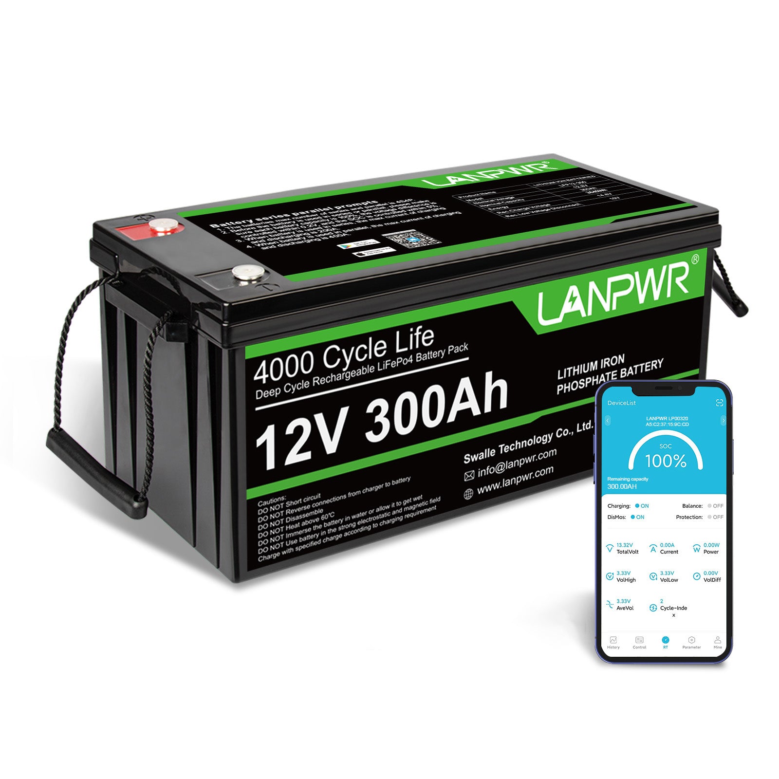 LANPWR 12V 300Ah Bluetooth Lithium Battery for RV and Camping