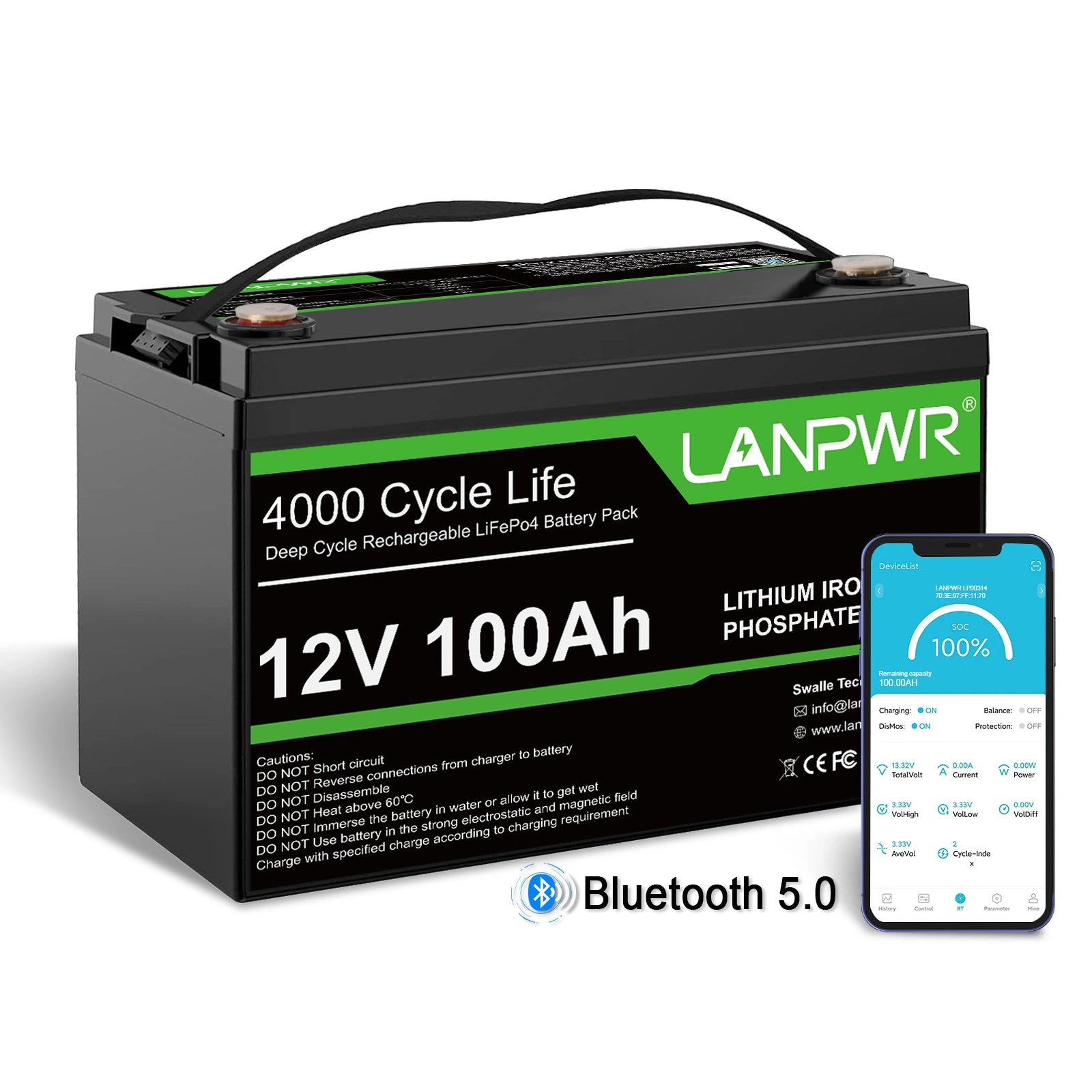 LANPWR 12V 100Ah Bluetooth LiFePO4 Lithium Deep Cycle Battery